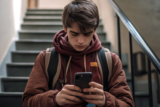 A close-up of a student receiving mean messages on their phone during a break at school.