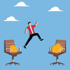 Wanting more money or a bigger paycheck, a career advancement or a career challenge, the merchant jumps from a small pile of gold coins to a large pile of gold coins