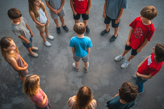 A group of kids standing in a circle while one child is being excluded and mocked.