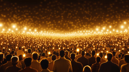 Golden light illuminating a large crowd at a concert, creating a euphoric atmosphere. The image captures the energy of live music and a shared moment of joy.