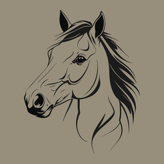 Black and white illustration of a horse's head with bold lines on a muted background