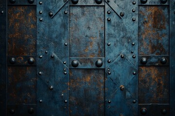 Fototapeta premium Dark blue rusty metal door with rivets.