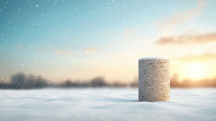 Snowy Landscape with Concrete Cylinder at Sunset