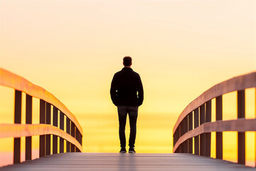 A lone figure walks across a sunset-lit bridge, symbolizing solitude, journey, and self-discovery. The scene blends warm orange and yellow tones with open copy space.