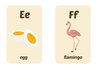 ABC Flash Cards. Letters, words and images. Educational Alphabet Cards for children. Ready to print size A4. Letters E and F. 