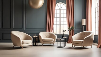 Stylish modern armchairs in a classic room with structured walls.
