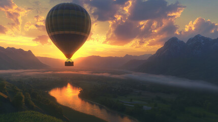 hot air balloon floats at dawn over serene landscape, capturing beauty