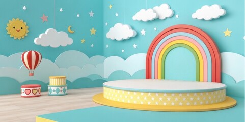 A colorful playroom scene featuring a rainbow, clouds, and playful decor, creating a cheerful and inviting atmosphere.