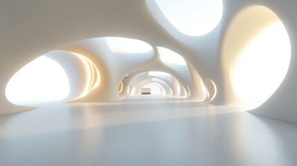 Abstract white architectural interior with organic shapes and soft lighting.