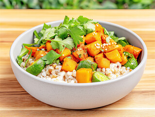 A vibrant bowl of healthy salad with roasted vegetables, grains, and fresh herbs. A perfect meal for those who appreciate nutritious and colorful food.