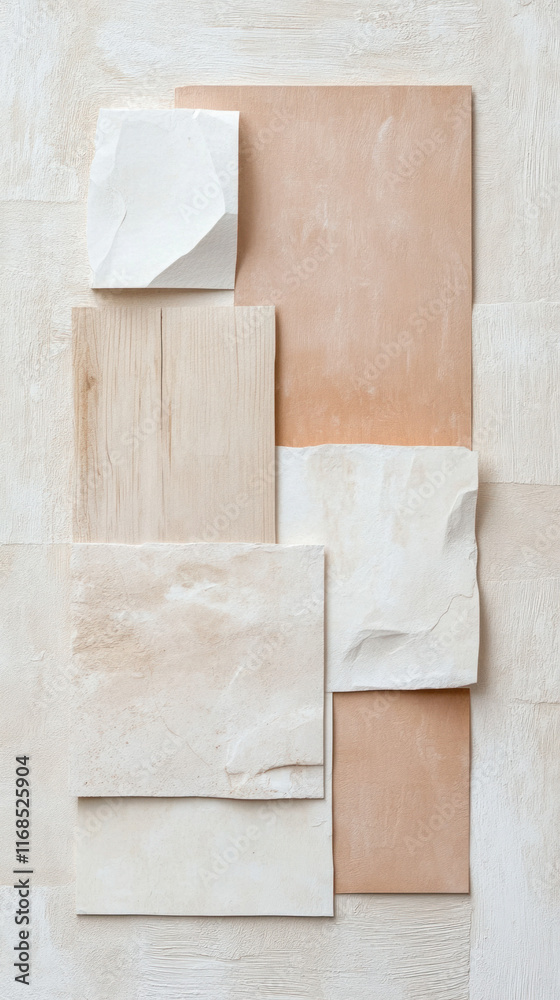 Poster neutral toned textured tiles and materials arranged in minimalist composition