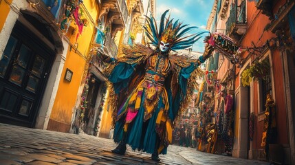 Dazzling Masked Performer in Vibrant Costume Standing in Alleyway