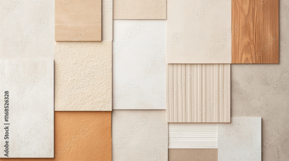 Poster collection of neutral toned material samples arranged in geometric pattern, showcasing textures and 
