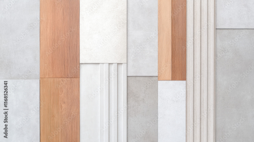 Aufkleber modern geometric wall design featuring wood and concrete textures with vertical and horizontal patte