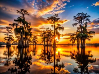 Obraz premium Cypress Gardens Silhouette, South Carolina Sunset - Dramatic Black and White Landscape Photography