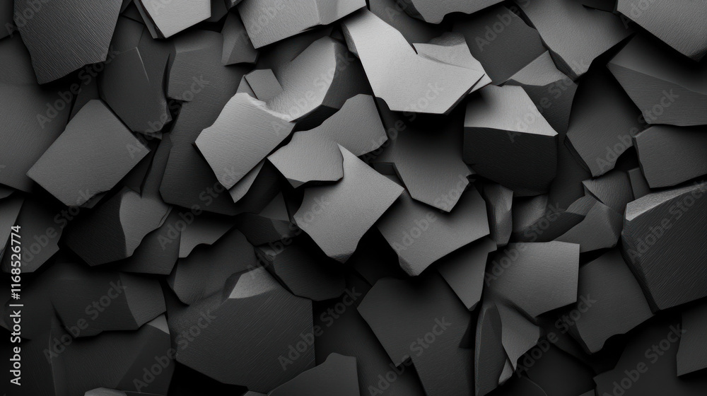 Poster Abstract composition of irregular black geometric shapes with textured surface