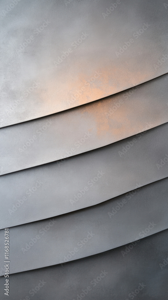 Poster Abstract metallic wall with layered curved panels and soft warm light reflection