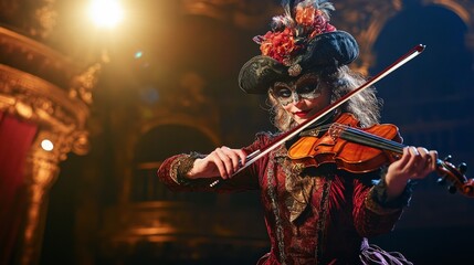 Fototapeta premium Performer Dressed in Historical Masquerade Costume Playing Violin