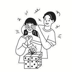 Man making surprise for girlfriend on birthday linear icon. Happy woman with boyfriend and gift box doodle characters doodle thin line