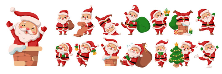 Cute Santa Clauses in various positions flat color vector icon set. Merry Christmas and happy New Year characters pack on white background