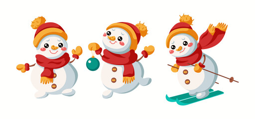 Naklejka premium Funny snowmen in scarfs holding bauble and skiing flat color vector icon set. Winter season traditional characters pack on white background