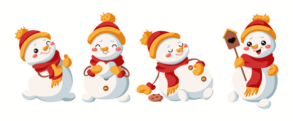 Cute snowmen expressing happiness flat color vector icon set. Cold season children holiday celebration characters pack on white background