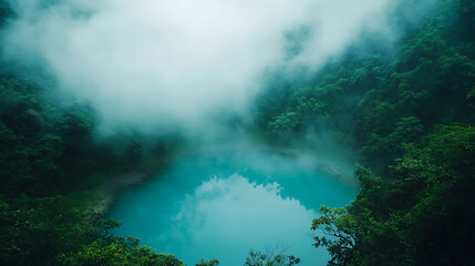 A dreamy emerald pool amidst a misty forest, with the fog creating an ethereal mood 