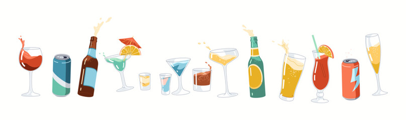 Drinks for party assortment flat color vector objects set. Glasses bottles and tin cans with beverages illustrations pack on white background