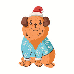 Happy dog wearing Santa hat and sweater flat color vector character. Fluffy pet in Christmas clothing sitting illustration on white background