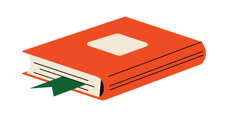 Closed thick book with hardcover and bookmark flat color vector object. School textbook with blank tag illustration on white background