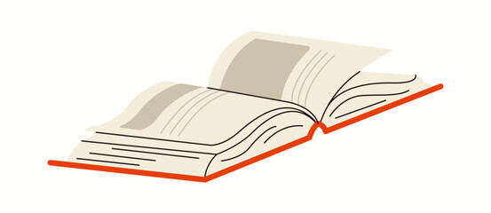 Open book with empty pictures and text flat color vector object. Novel folio on bookstore display illustration on white background