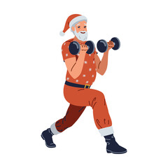 Strong Santa Claus exercising with dumbbells flat color vector character. Senior man training before Christmas holiday illustration on white