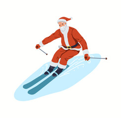 Fototapeta premium Santa Claus enjoying skiing flat color vector character. Happy Saint Nicolas riding down snowy hill illustration on white background