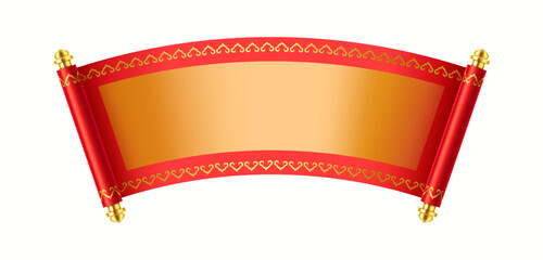 Chinese New Year hand-scroll with golden frame realistic vector illustration. Ancient oriental manuscript for good luck 3d object on white