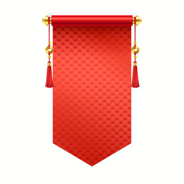 Red Asian pennant scroll with mockup design realistic vector illustration. Traditional Chinese New Year good luck symbol 3d object on white