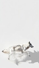 A white wolf gracefully runs across a light-colored surface, casting a soft shadow.