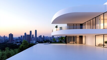 Fototapeta premium Modern architectural design with a scenic city view at sunset.