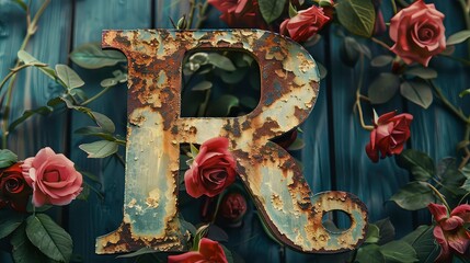 Rusty letter R with roses on a blue rustic wooden background