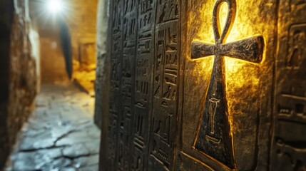 Ancient Egyptian ankh symbols glowing softly against hieroglyph-covered stone walls
