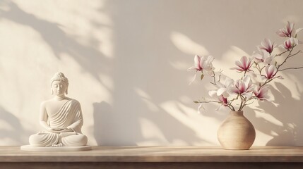 Empty wooden table with minimalist scandinavian style buddha statue and magnolia vase