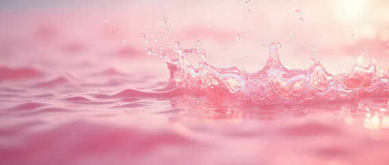 Close-up texture of transparent pink water with splashes and bubbles under sunlight. Trendy abstract summer nature background. Beauty, spa, cosmetics, travel and vacation concept.