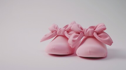 A pair of tiny pink baby shoes with soft fabric and delicate bows, placed on a clean white background.