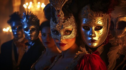 Elaborate Masquerade Participants Adorned in Intricate Costumes