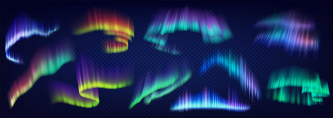 Aurora borealis slowing lights realistic color icons set. Shiny natural phenomenon of night sky 3d objects bundle on transparent background