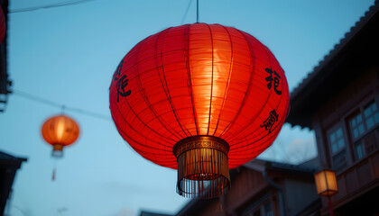 Obraz premium Beautiful red lanterns hanging in the evening sky for festive celebrations 