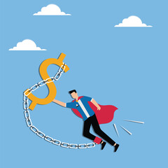 Heroes trapped by money, debt problems or financial problems, business or career crises, businessmen flying in capes and huge dollar signs locked together