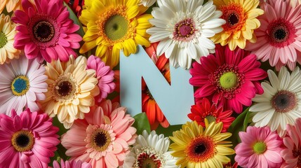 Letter N of the English alphabet surrounded by colorful gerbera flowers