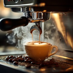 Espresso poruing from coffee machine at cafe