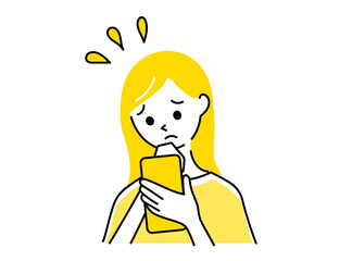 困った表情をするスマートフォンを持った女性のイラスト