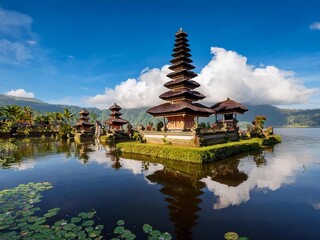 A scenic view of a traditional, historical Indonesian hindu temple